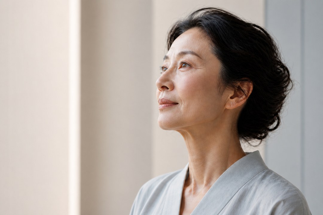 自然な年齢の質感を残した成熟した女性の横顔（AI生成・人物は実在しません）